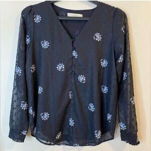 LOFT Navy Blue Sheer V-neck long sleeve  Blouse with Light Blue Floral Pattern